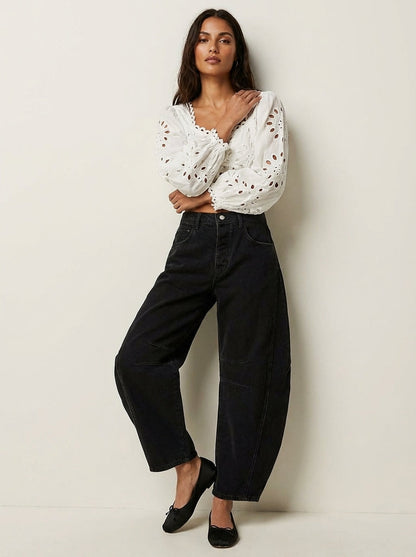 Feathorne Women's Bridget Black Barrel Jeans - styled with top