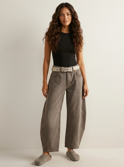 Feathorne Women's Bridget Black Barrel Jeans - side view style
