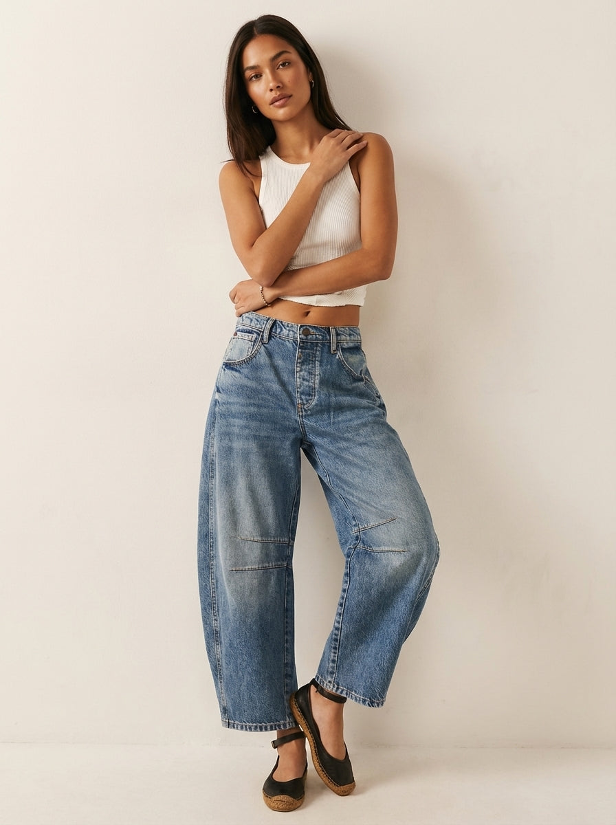 Feathorne Women's Bridget Black Barrel Jeans - full length styling