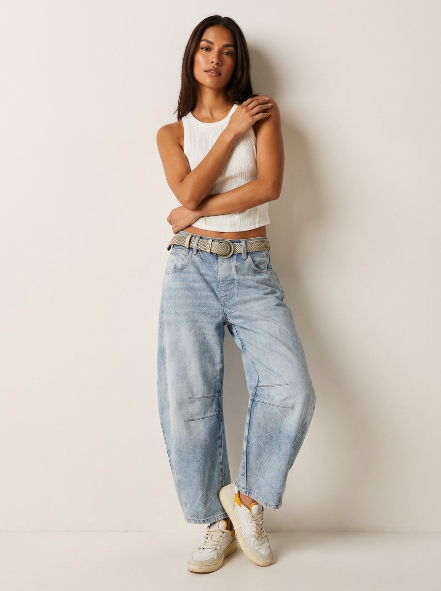Feathorne Women's Bridget Black Barrel Jeans - styled with outfit