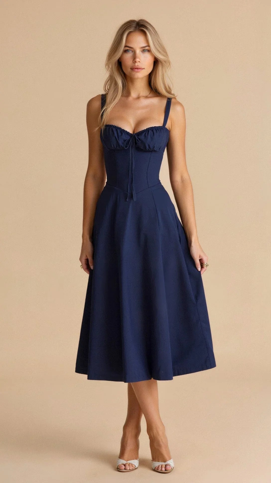 Feathorne Women's Theodora Black Corset A-Line Midi Dress - front view style
