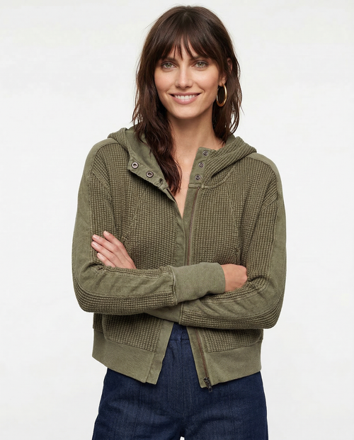 Feathorne Women's Nadia Pine Cropped Waffle Hoodie - detail view showing texture