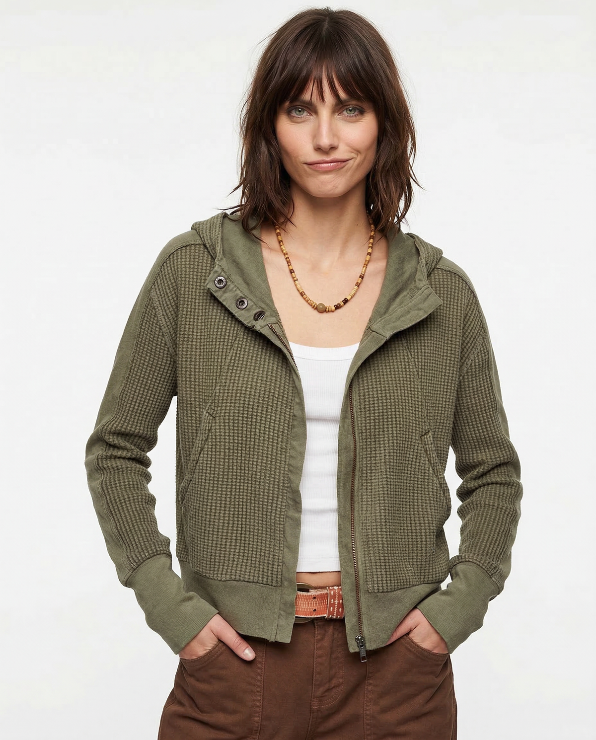 Feathorne Women's Nadia Pine Cropped Waffle Hoodie - front view style