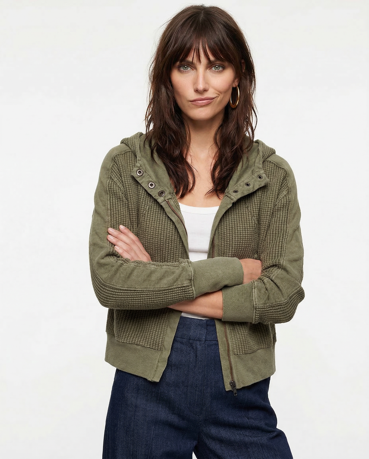 Feathorne Women's Nadia Pine Cropped Waffle Hoodie - side view style