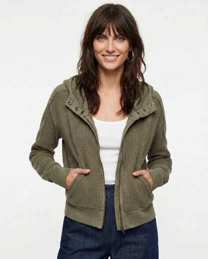 Feathorne Women's Nadia Pine Cropped Waffle Hoodie - back view showing details