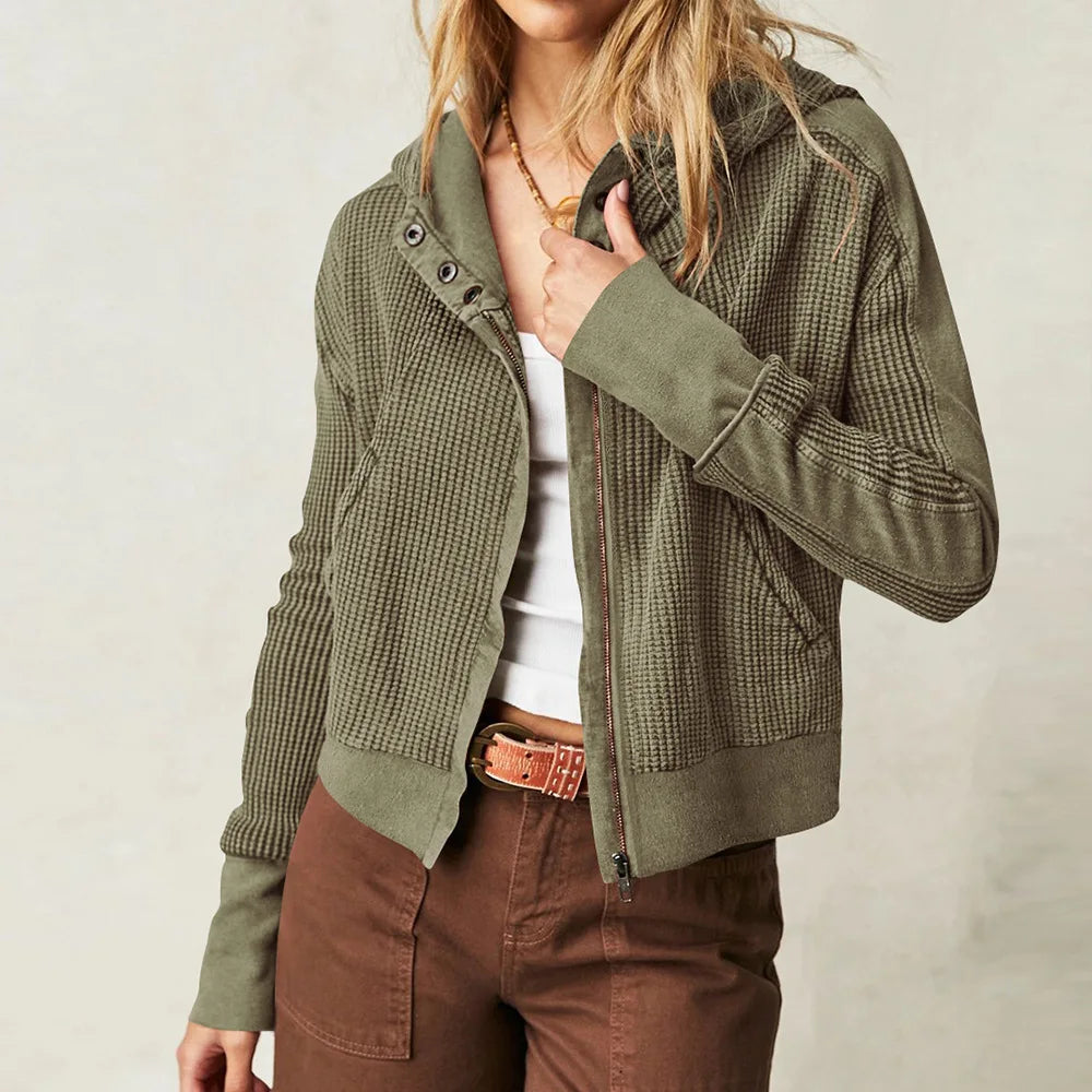 Feathorne Women's Nadia Pine Cropped Waffle Hoodie - styled with jeans