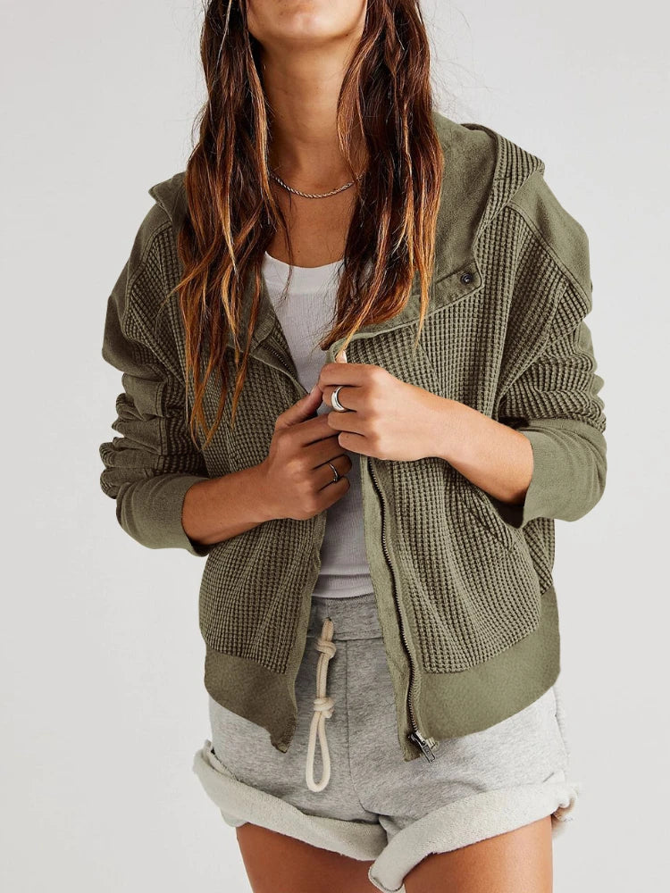 Feathorne Women's Nadia Pine Cropped Waffle Hoodie - fabric texture detail