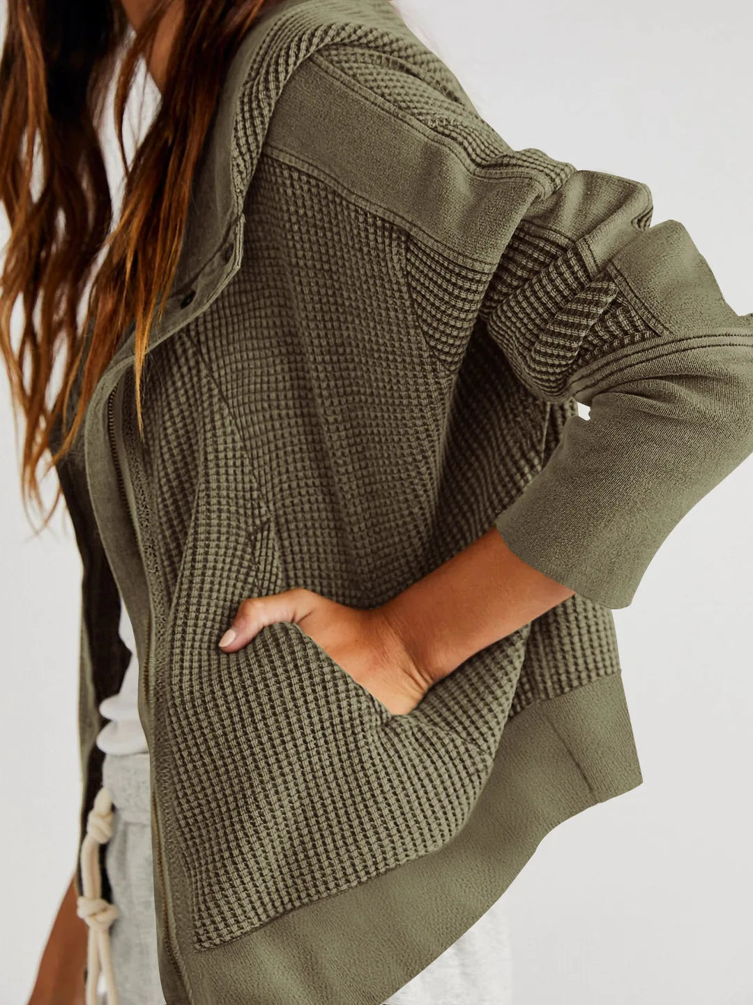 Feathorne Women's Nadia Pine Cropped Waffle Hoodie - full length styling