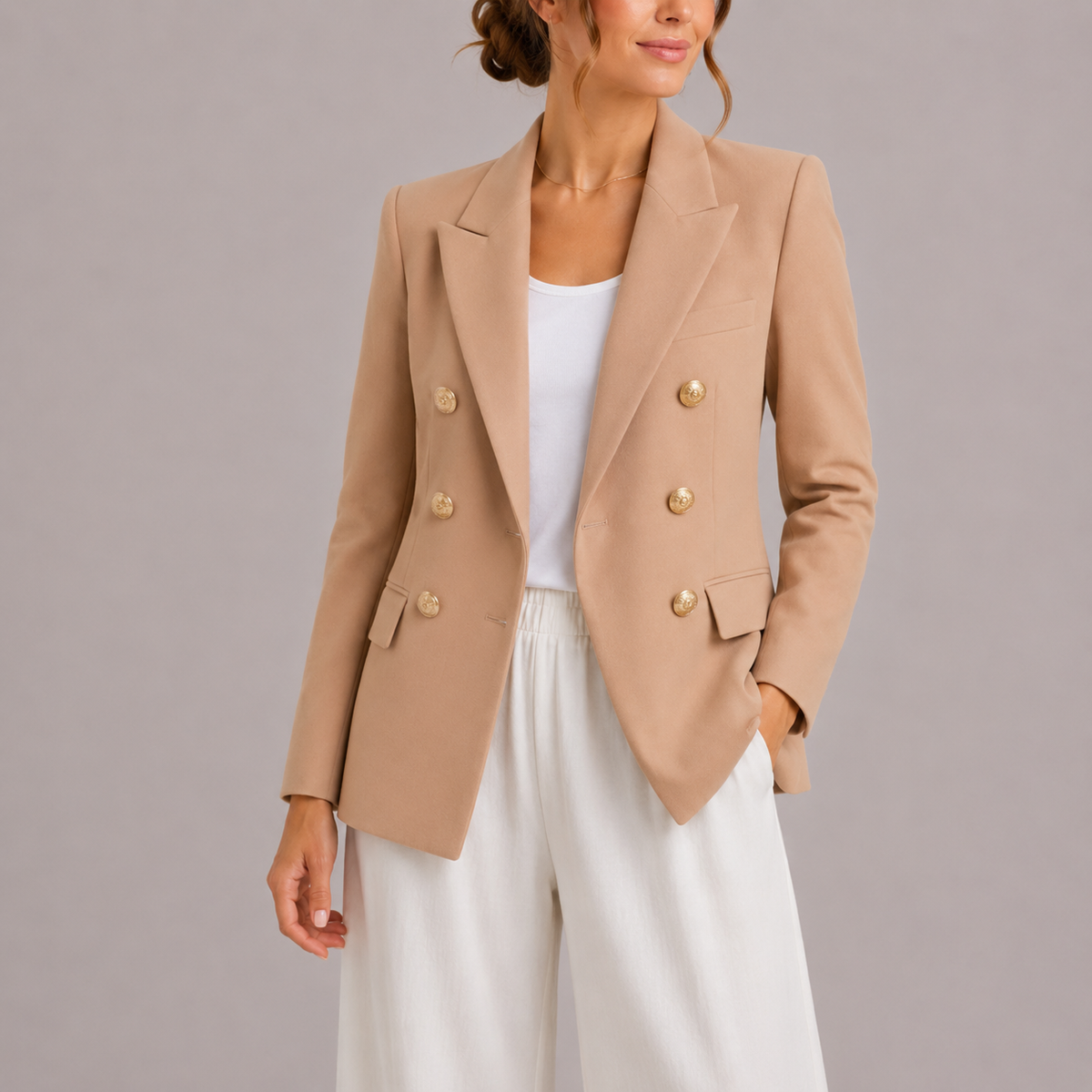 Feathorne Women's Marceline Beige Double-Breasted Blazer - front view style