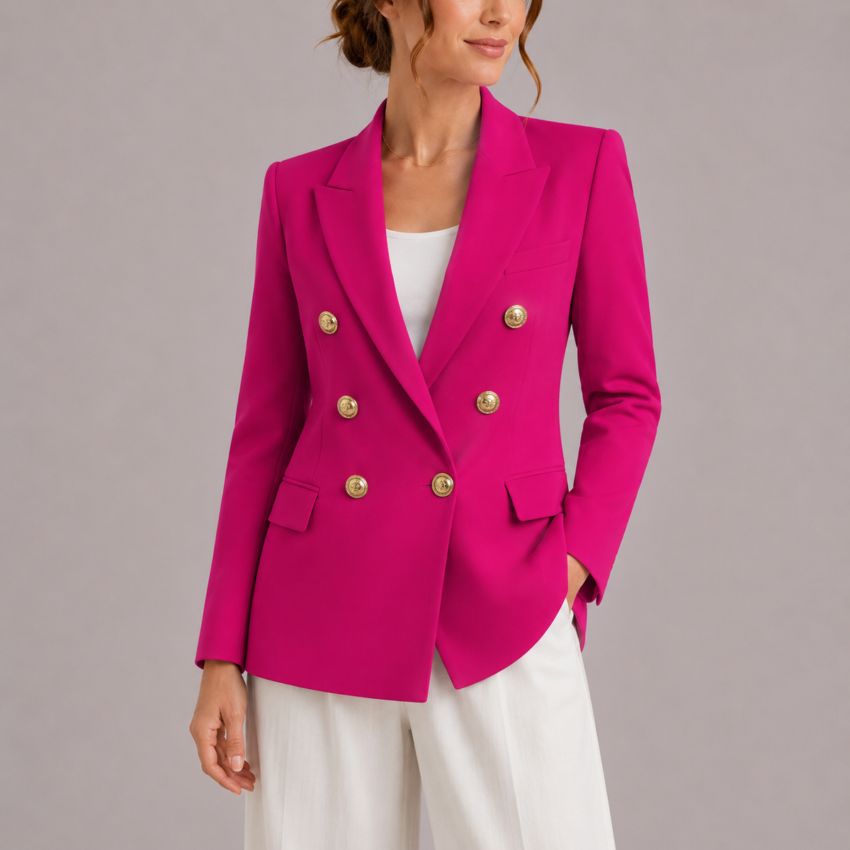 Feathorne Women's Marceline Pink Double-Breasted Blazer - front view style