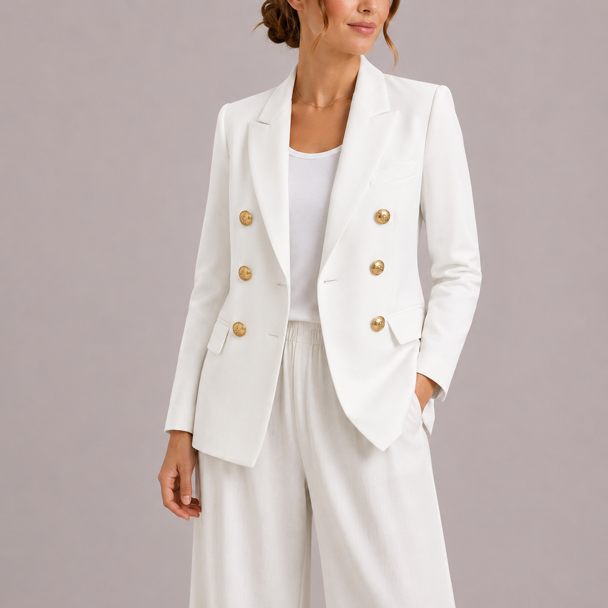 Feathorne Women's Marceline White Double-Breasted Blazer - front view style