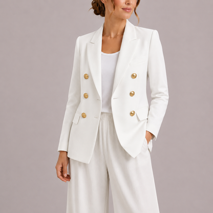 Feathorne Women's Marceline White Double-Breasted Blazer - front view style
