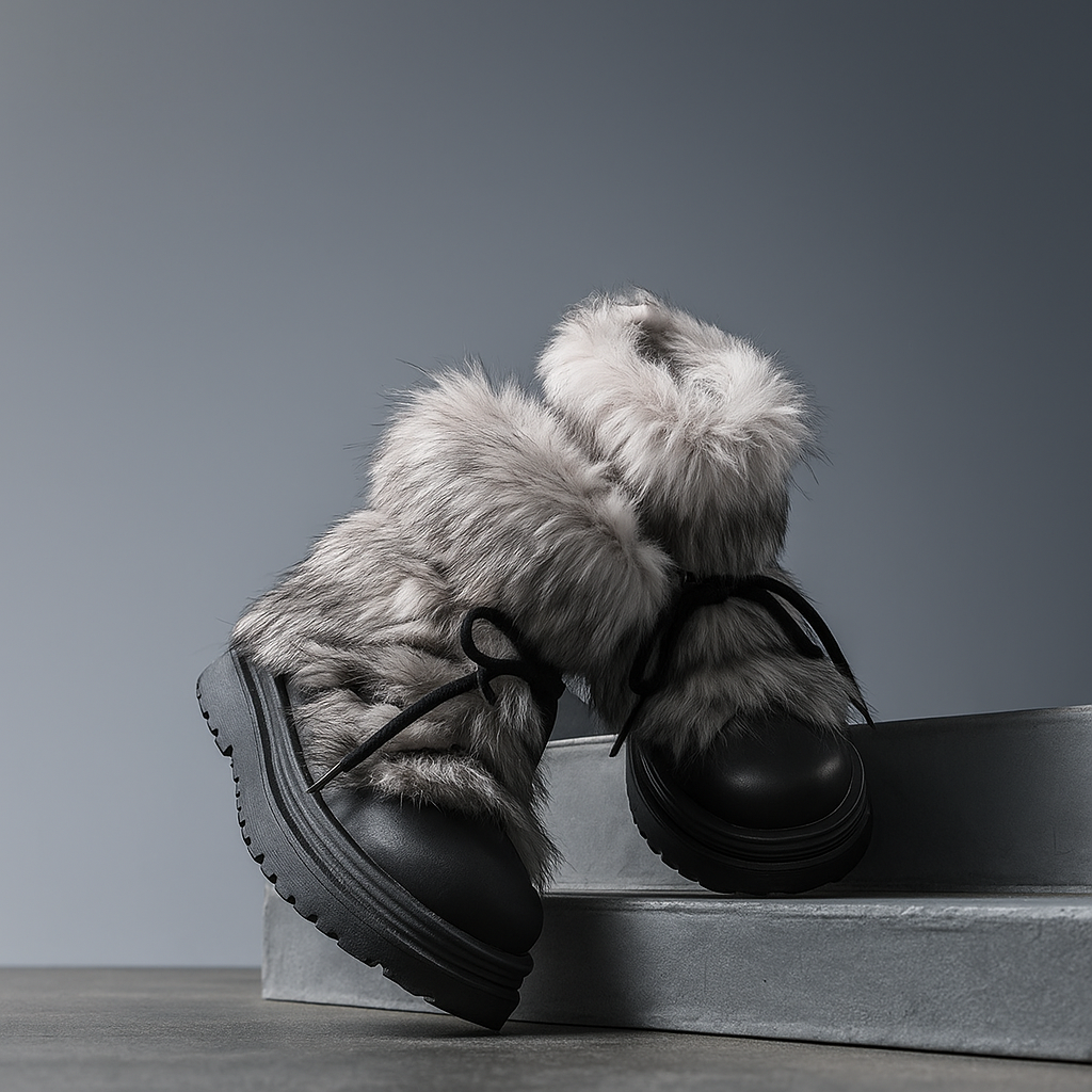 Feathorne Women's Josephine Black Faux Fur Winter Boots - detail view showing texture