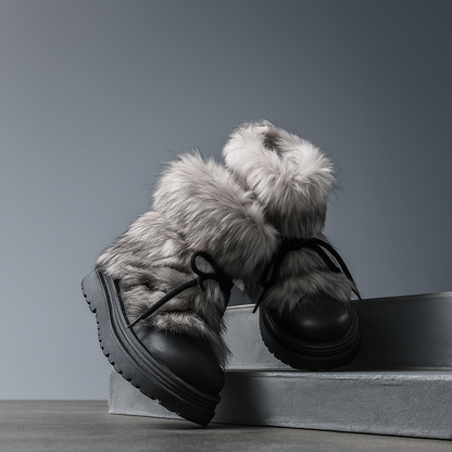 Feathorne Women's Josephine Black Faux Fur Winter Boots - detail view showing texture