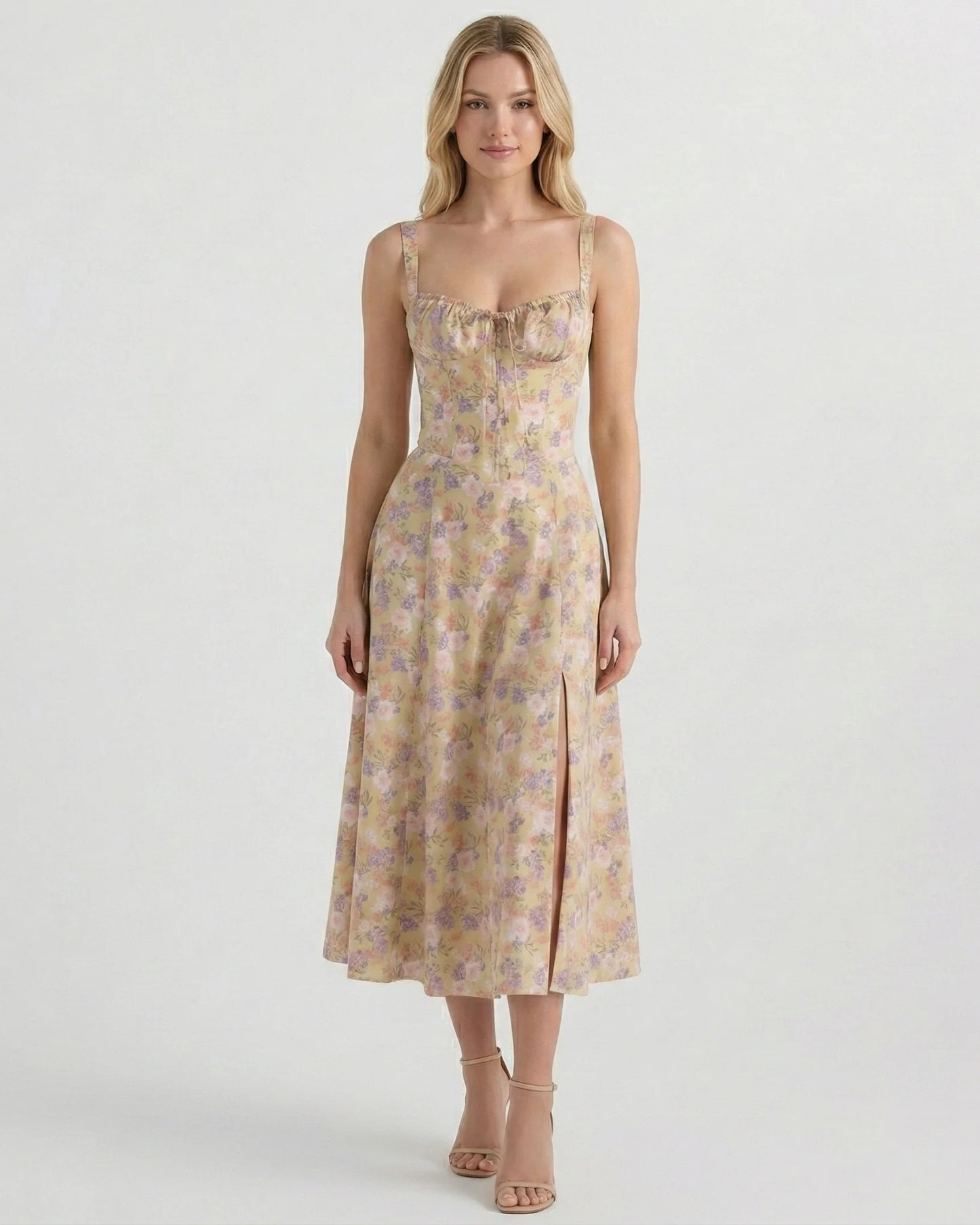 Feathorne Women's Theodora Beige Floral Corset A-Line Midi Dress - front view style