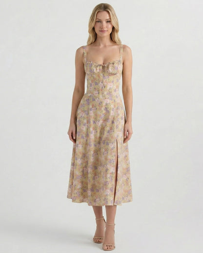 Feathorne Women's Theodora Beige Floral Corset A-Line Midi Dress - front view style