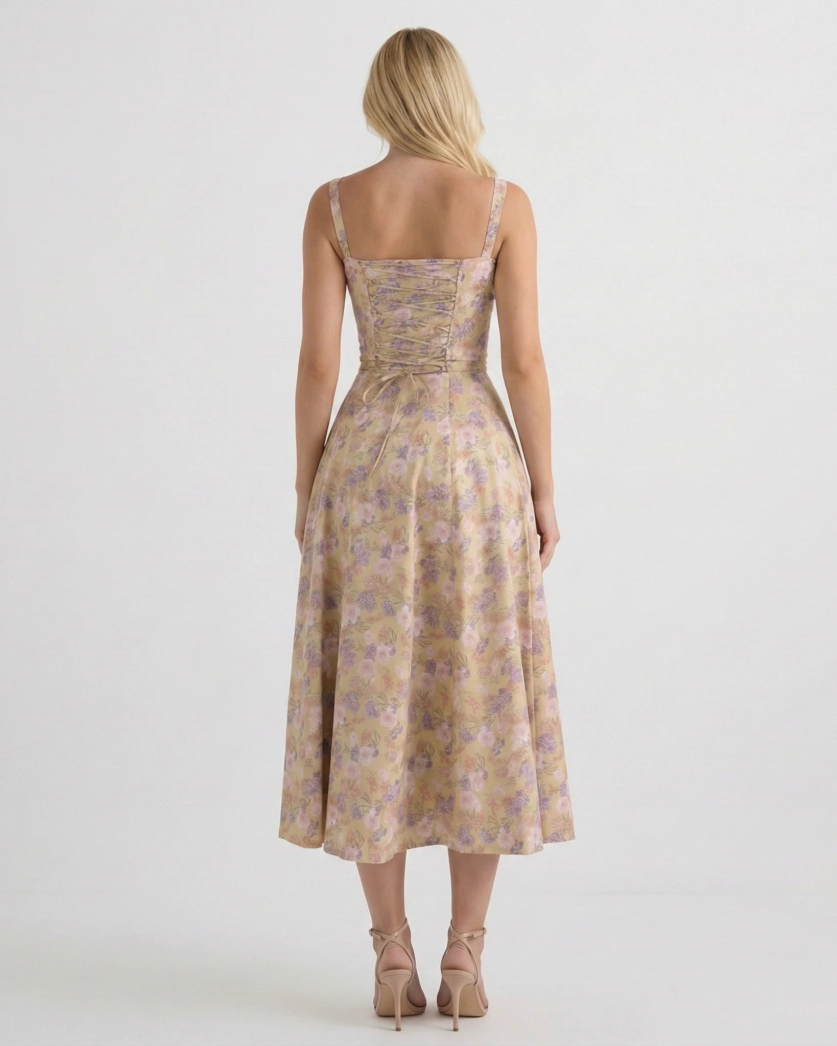 Feathorne Women's Theodora Beige Floral Corset A-Line Midi Dress - back view style