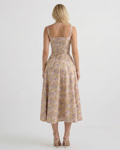 Feathorne Women's Theodora Beige Floral Corset A-Line Midi Dress - back view style