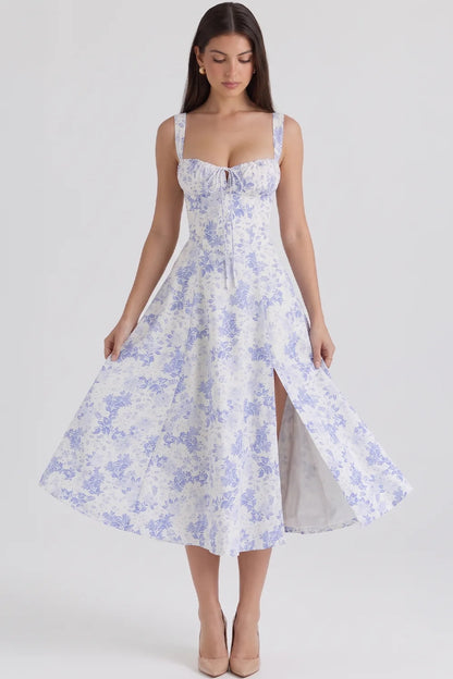 Feathorne Women's Theodora Blue Floral Corset A-Line Midi Dress - front view style