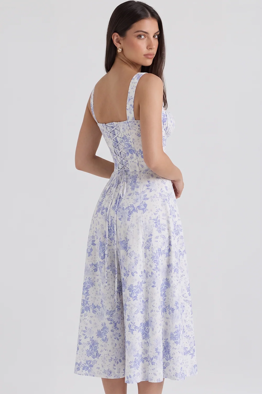 Feathorne Women's Theodora Blue Floral Corset A-Line Midi Dress - back view showing details