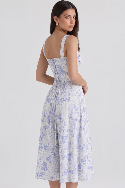 Feathorne Women's Theodora Blue Floral Corset A-Line Midi Dress - back view showing details