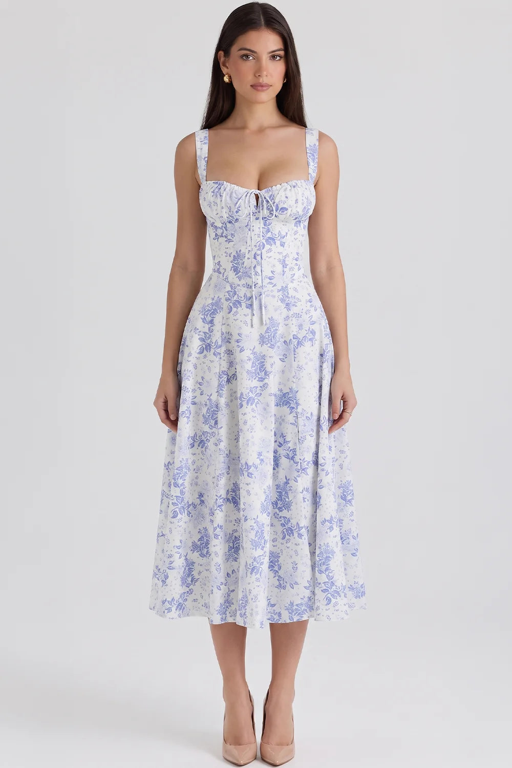 Feathorne Women's Theodora Blue Floral Corset A-Line Midi Dress - full length styling