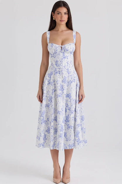 Feathorne Women's Theodora Blue Floral Corset A-Line Midi Dress - full length styling