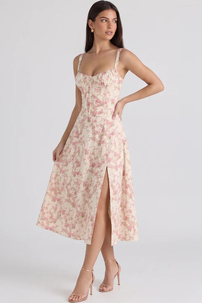 Feathorne Women's Theodora Pink Floral Corset A-Line Midi Dress - front view style