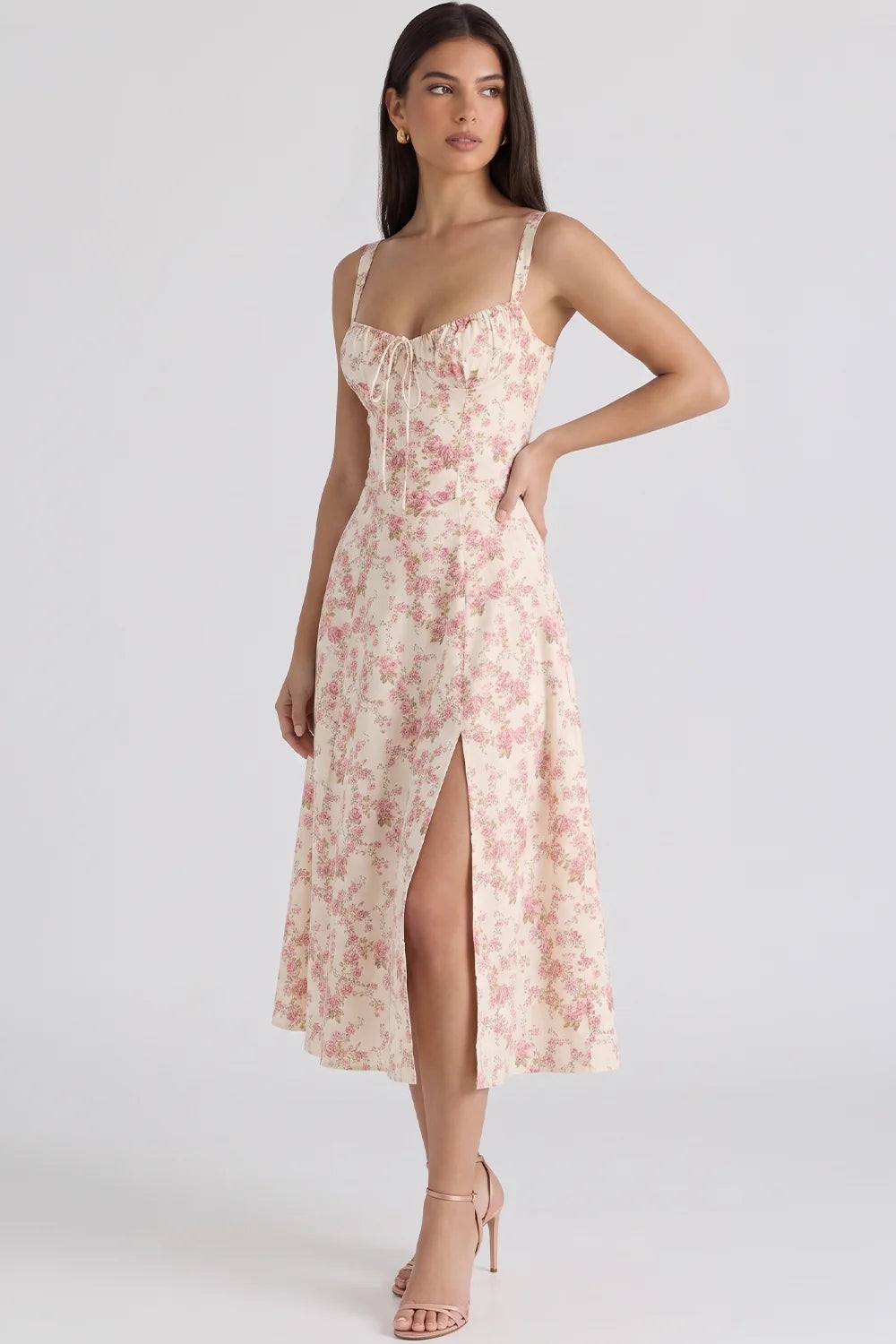 Feathorne Women's Theodora Pink Floral Corset A-Line Midi Dress - showing bodice