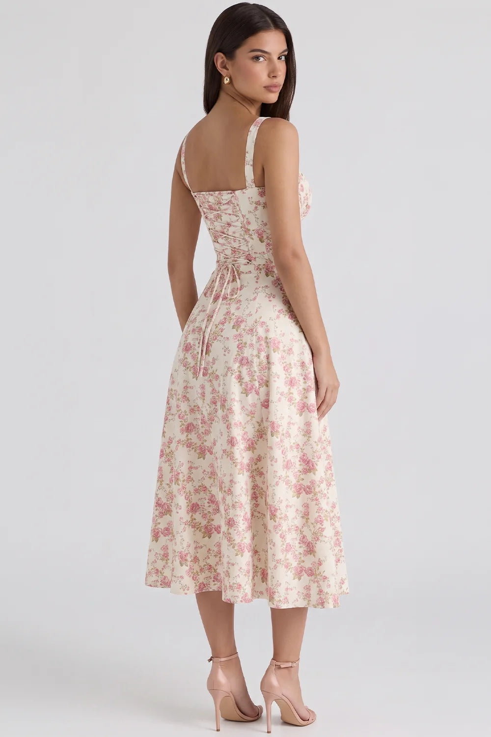 Feathorne Women's Theodora Pink Floral Corset A-Line Midi Dress - back view showing details
