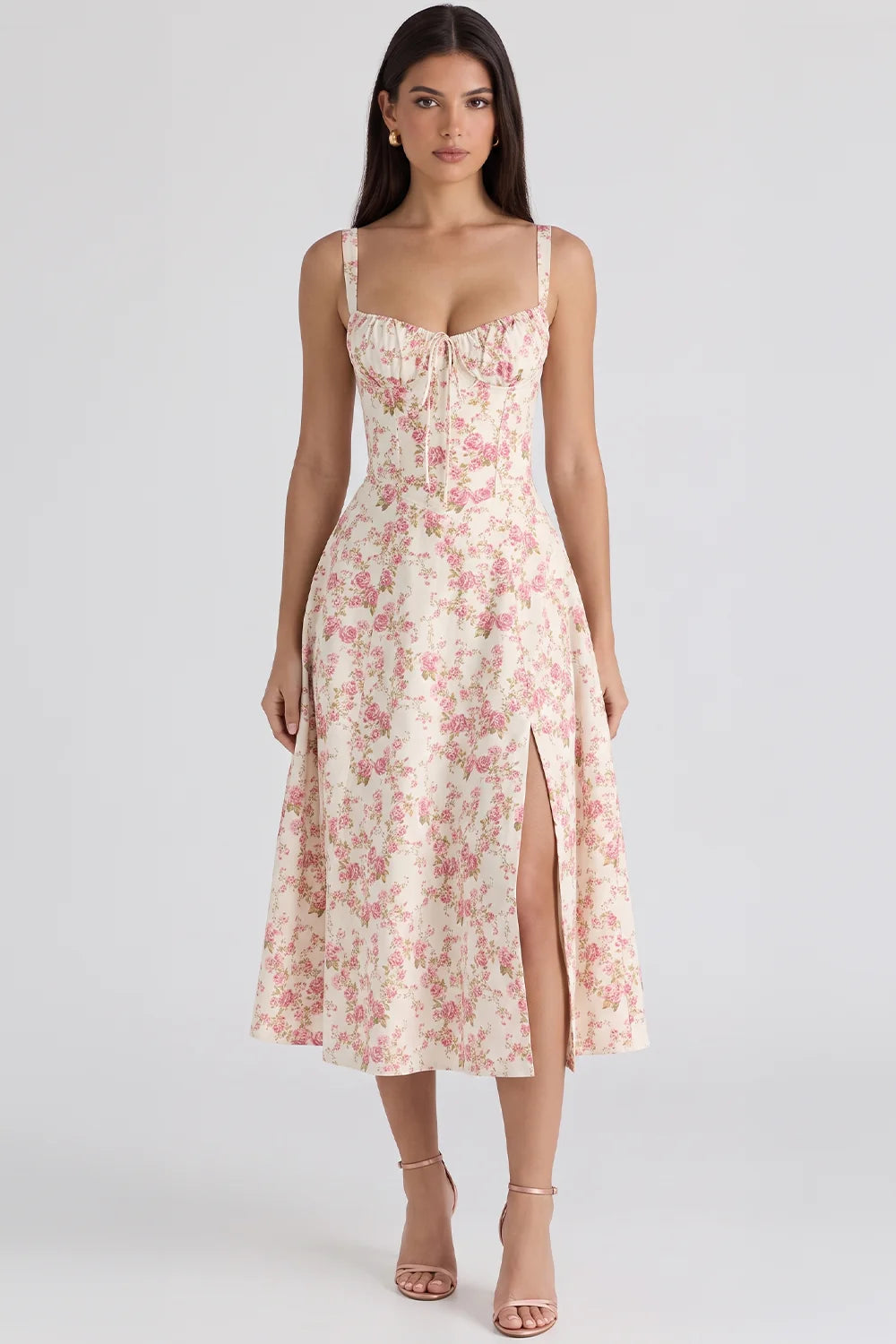Feathorne Women's Theodora Pink Floral Corset A-Line Midi Dress - full length styling