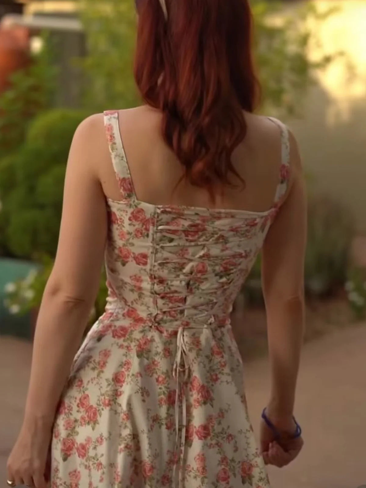 Feathorne Women's Theodora White Floral Corset A-Line Midi Dress - back view showing details
