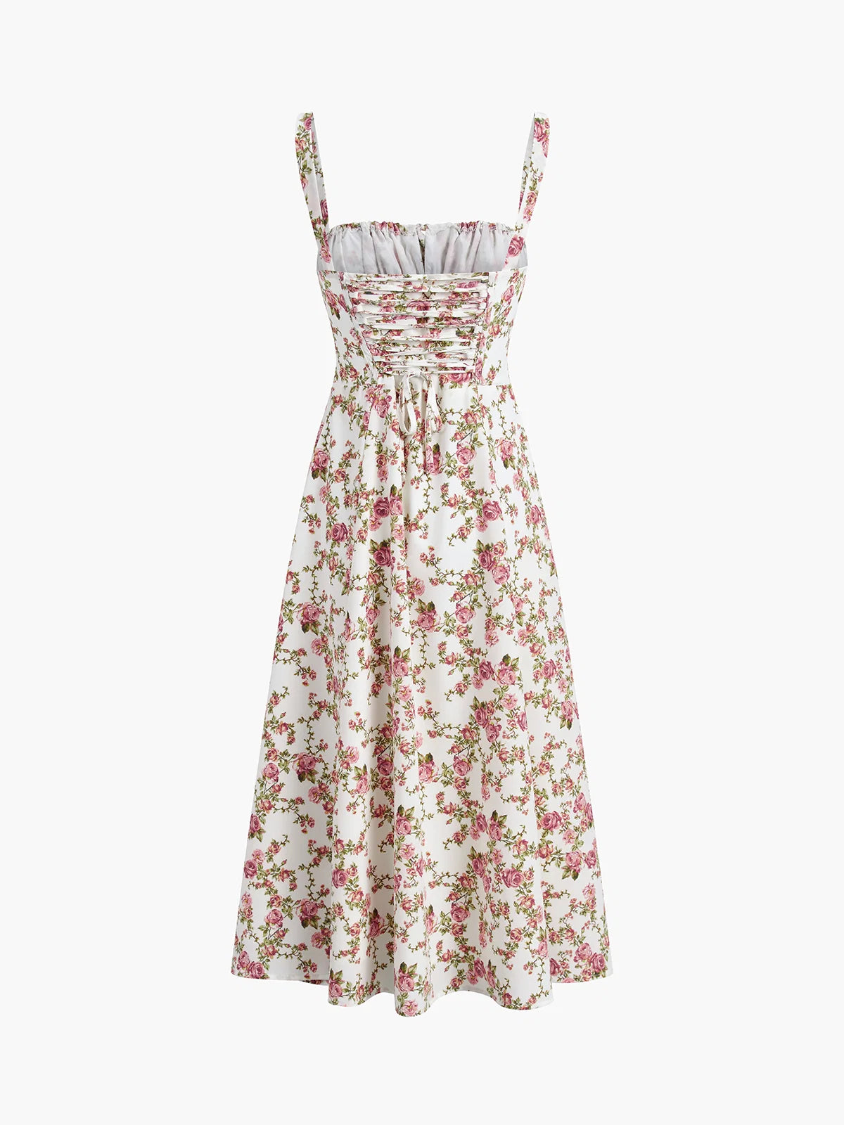 Feathorne Women's Theodora White Floral Corset A-Line Midi Dress - full back length styling