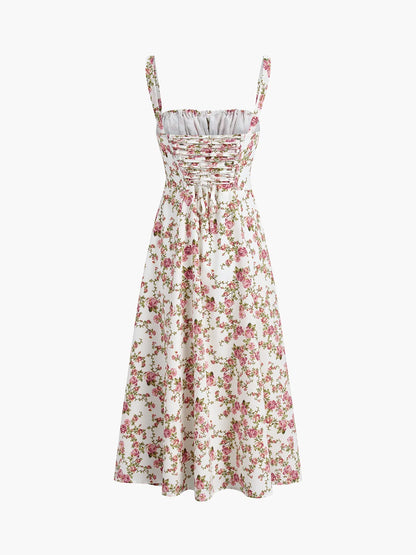 Feathorne Women's Theodora White Floral Corset A-Line Midi Dress - full back length styling