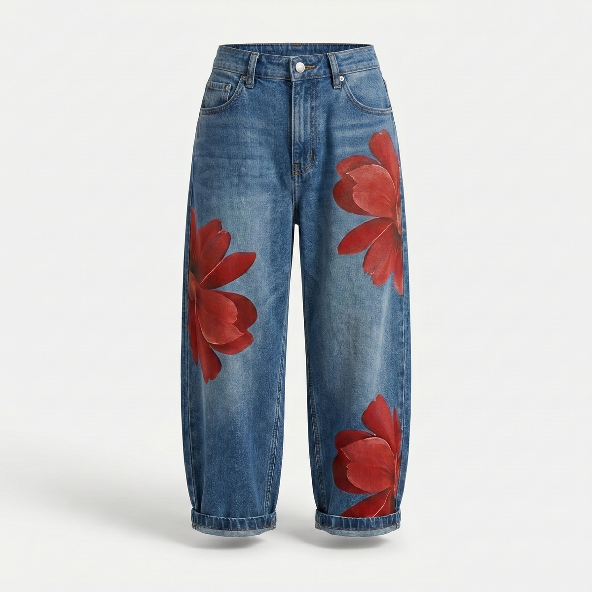 Feathorne Women's Arabella Red Floral Denim Trousers - front view style