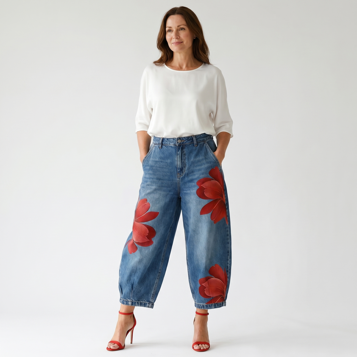 Feathorne Women's Arabella Red Floral Denim Trousers - side view style