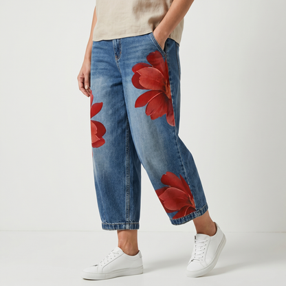 Feathorne Women's Arabella Red Floral Denim Trousers - detail view showing print