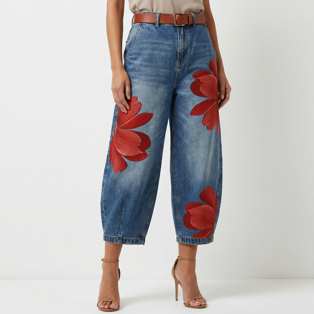 Feathorne Women's Arabella Red Floral Denim Trousers - back view showing details
