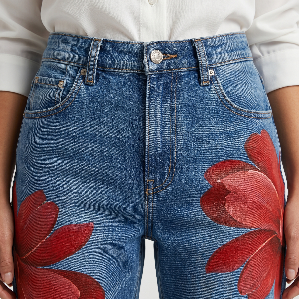 Feathorne Women's Arabella Red Floral Denim Trousers - styled with outfit