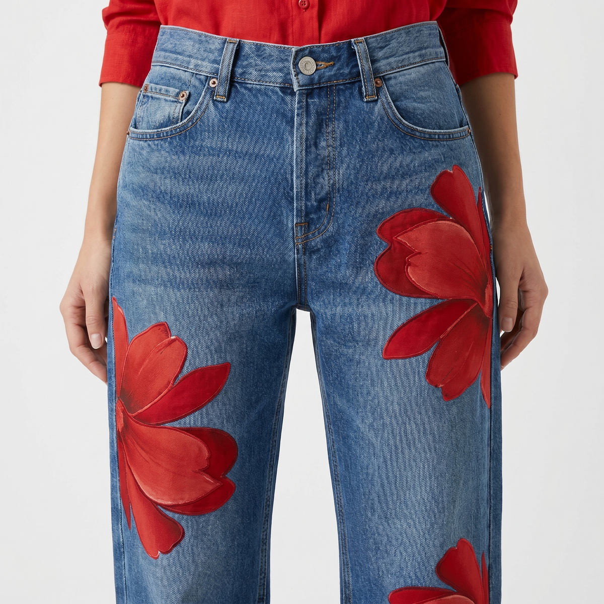 Feathorne Women's Arabella Red Floral Denim Trousers - cuffed hem detail