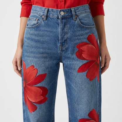 Feathorne Women's Arabella Red Floral Denim Trousers - cuffed hem detail