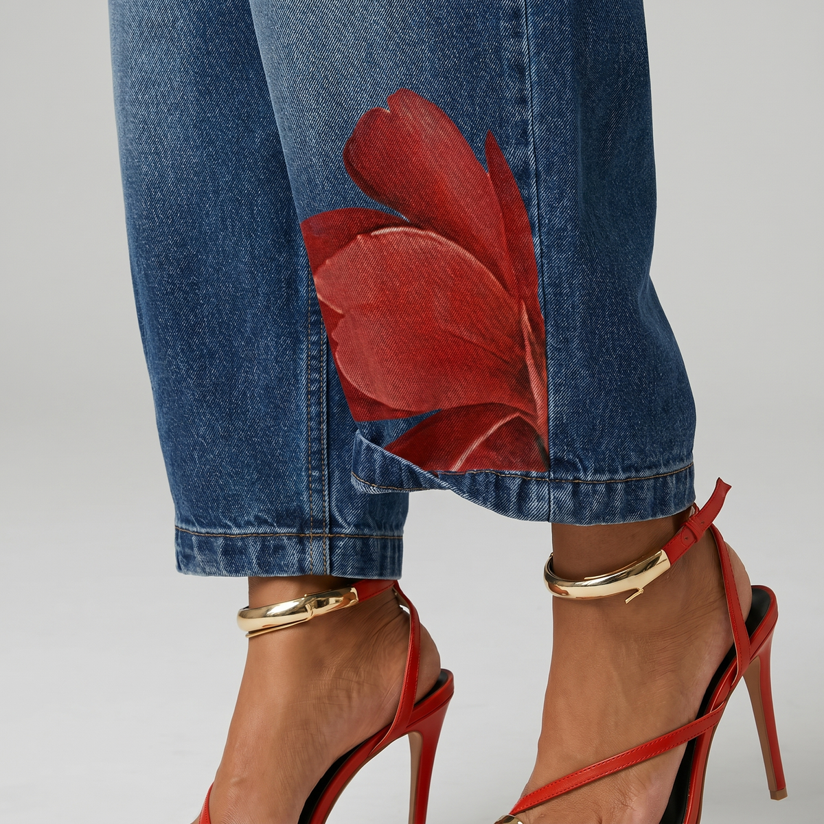 Feathorne Women's Arabella Red Floral Denim Trousers - full length styling