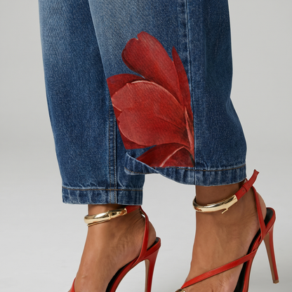 Feathorne Women's Arabella Red Floral Denim Trousers - full length styling