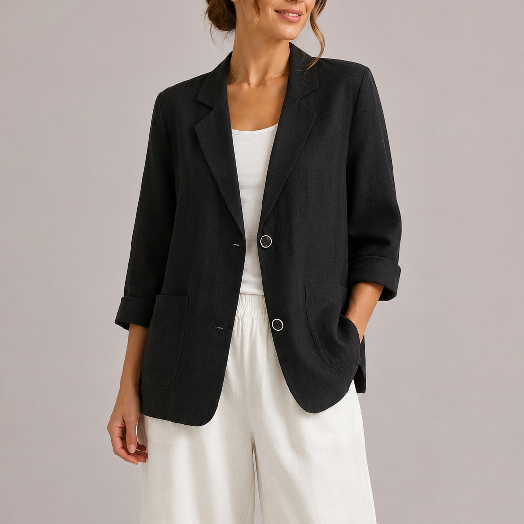 Feathorne Women's Genevra Black Linen Blazer - front view style