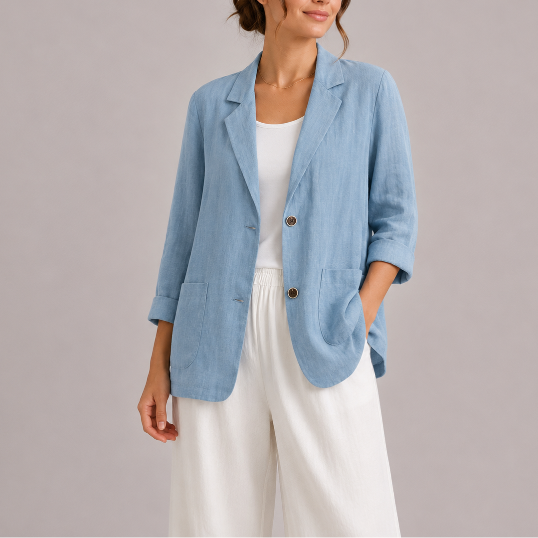 Feathorne Women's Genevra Blue Linen Blazer - front view style