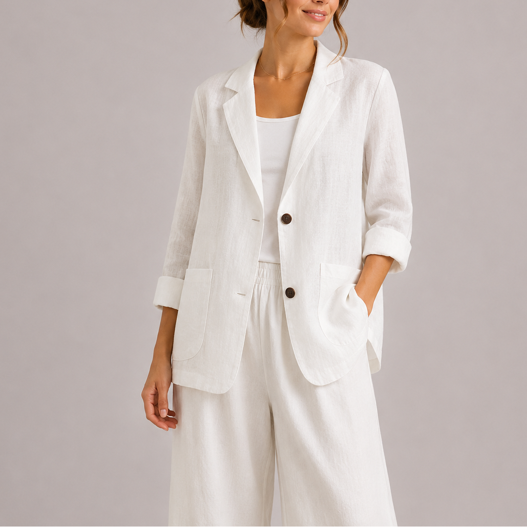 Feathorne Women's Genevra White Linen Blazer - front view style