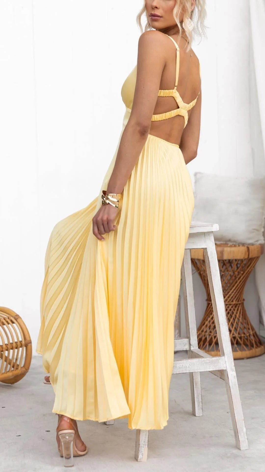 Feathorne Women's Georgina Yellow Maxi Sundress - detail view showing pleats