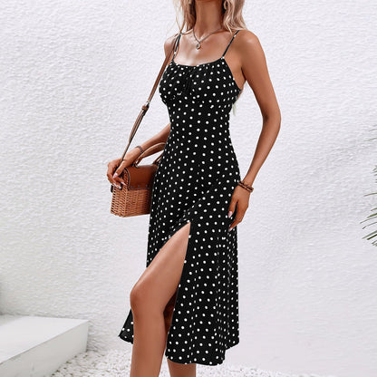 Feathorne Women's Eleanor Black Polka Dot Midi Dress - full length styled view