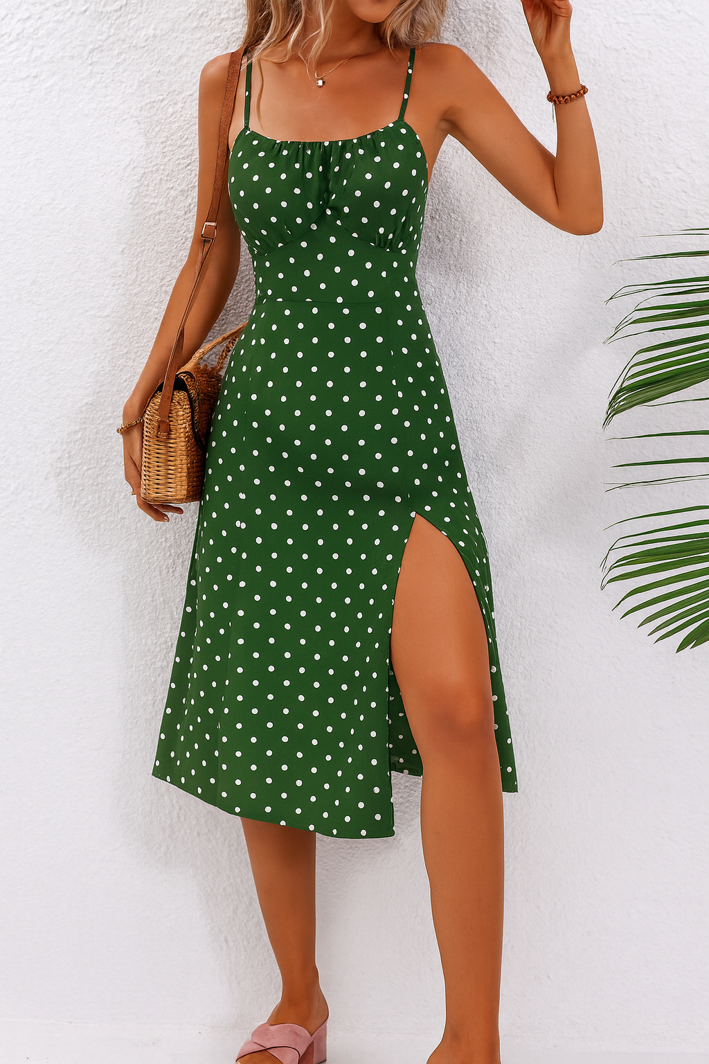 Feathorne Women's Eleanor Black Polka Dot Midi Dress - bodice detail close-up