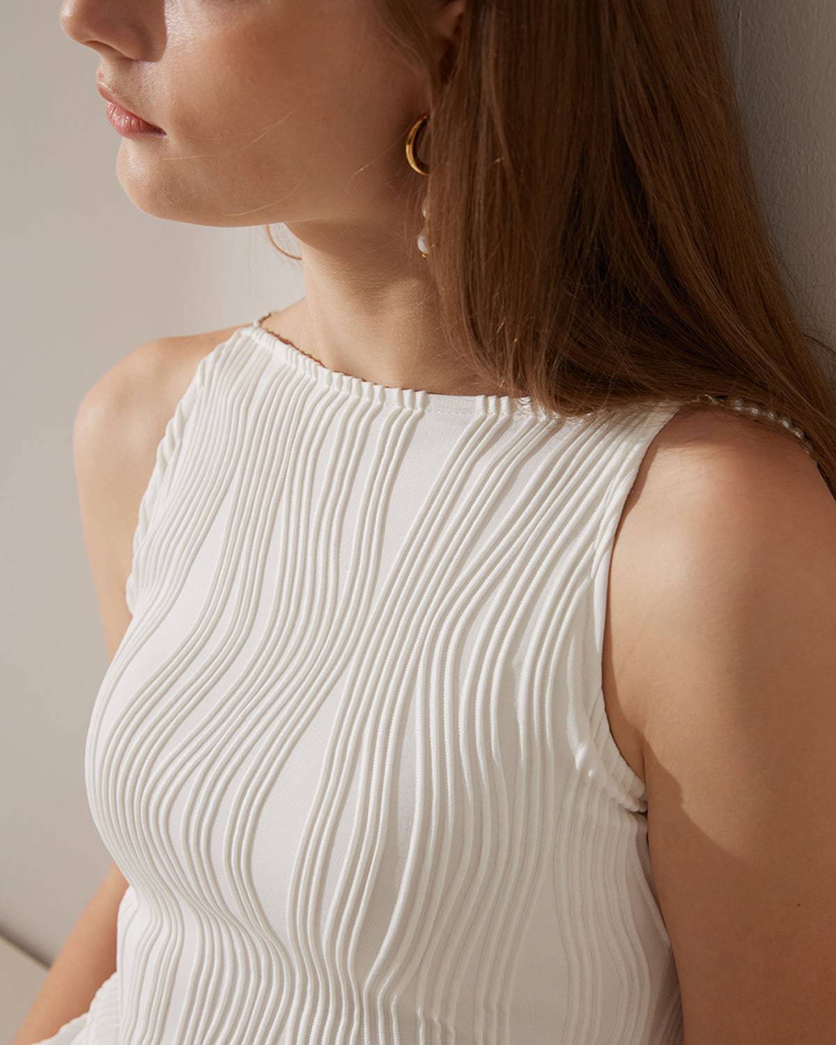 Feathorne Women's Anneliese Black Ribbed Midi Dress - detail view showing pearl straps